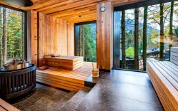 Dřevěná sauna, Hotel Fischerwirt Natur.WaldSPA ****, Faistenau, Rakousko