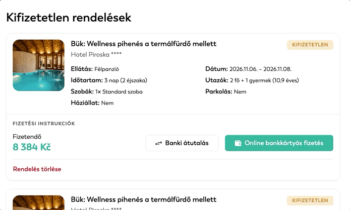 Kifizetetlen rendelés kártyája a Kifizetetlen rendelések menüpontban a Rendelés lemondása linkkel