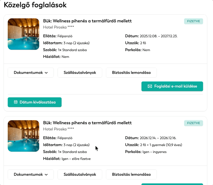 Nyitott utalvány kártyája a Közelgő foglalások áttekintésében az Időpont foglalása gombbal