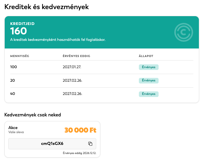A kreditek és kedvezménykódok áttekintése a Kreditek és kedvezmények menüpontban
