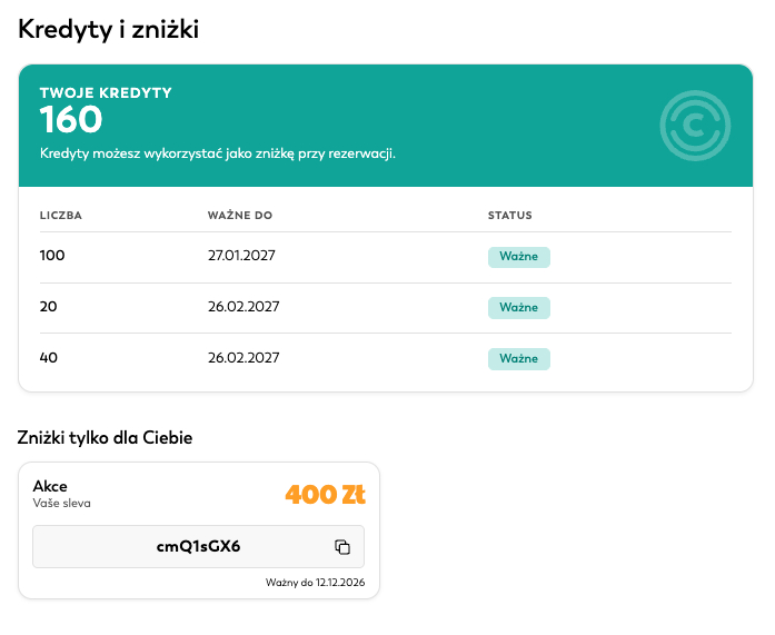Przegląd kredytów i kodów rabatowych w sekcji Kredyty i zniżki