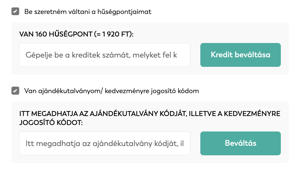 Kreditek, ajándékutalvány vagy kedvezménykód felhasználása a kosárban