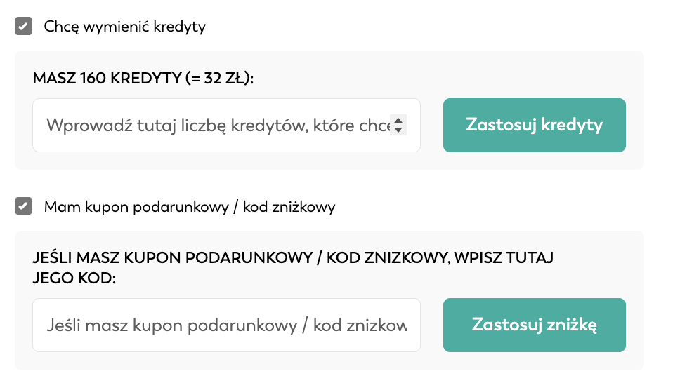 Wykorzystanie kredytów, vouchera podarunkowego lub kodu rabatowego w koszyku