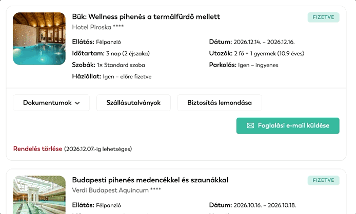 Kifizetett foglalás kártyája a Közelgő foglalások áttekintésében a Rendelés lemondása linkkel